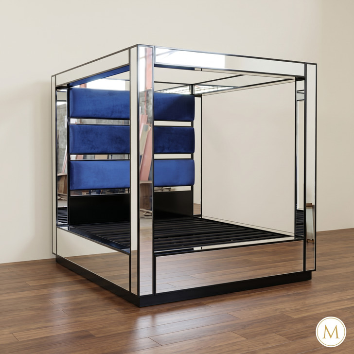 Custom Mirrored 4-Post Canopy Bed w/ Blue Upholstered headboard