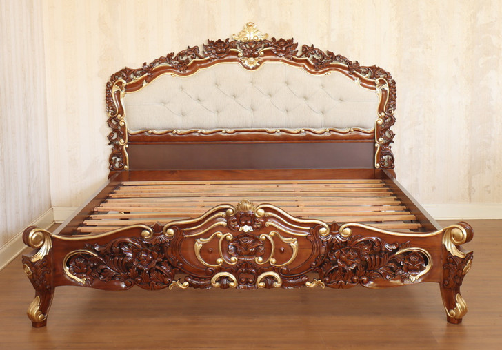 Custom Mahogany Rococo Bed With Upholstered Headboard (E. King)