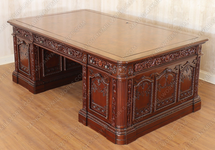 7ft Mahogany President's Resolute Desk w/ Mappa Burl Inlay Wood Top