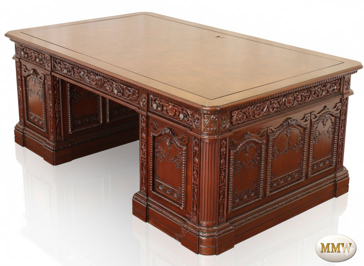 7ft Mahogany President's Resolute Desk w/ Mappa Burl Inlay Wood Top