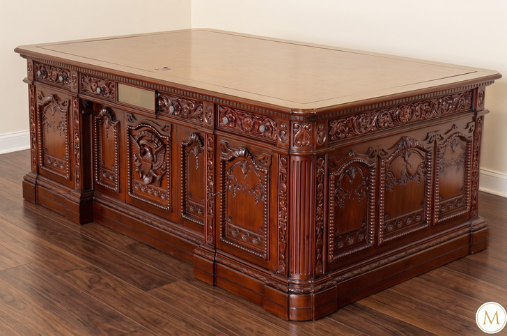7ft Mahogany President's Resolute Desk w/ Mappa Burl Inlay Wood Top