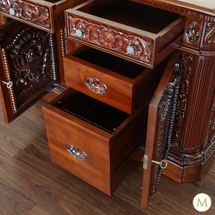 7ft Mahogany President's Resolute Desk w/ Mappa Burl Inlay Wood Top