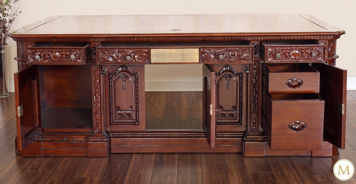7ft Mahogany President's Resolute Desk w/ Mappa Burl Inlay Wood Top