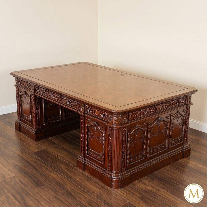 7ft Mahogany President's Resolute Desk w/ Mappa Burl Inlay Wood Top