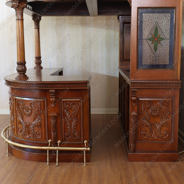 Custom Mahogany Stained Glass English Corner Pub Bar