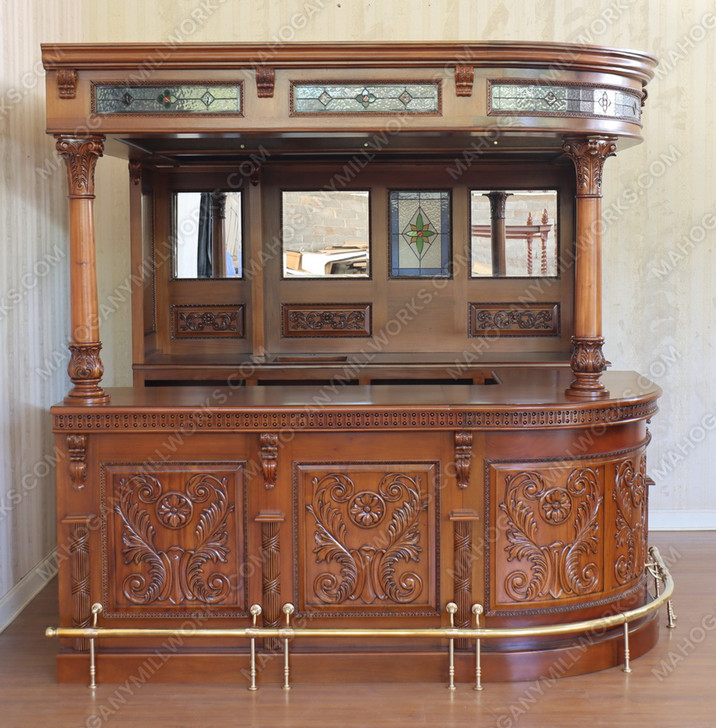 Custom Mahogany Stained Glass English Corner Pub Bar
