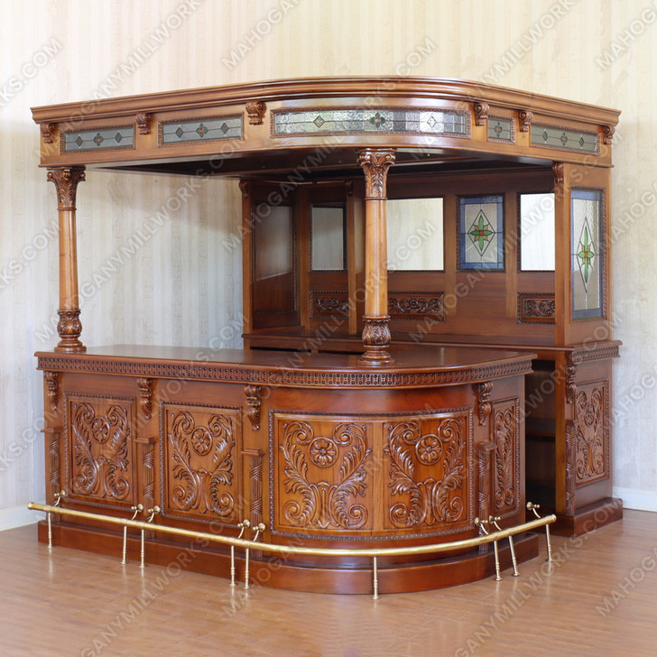 Custom Mahogany Stained Glass English Corner Pub Bar