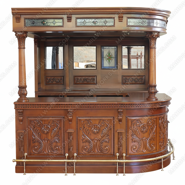 Custom Mahogany Stained Glass English Corner Pub Bar