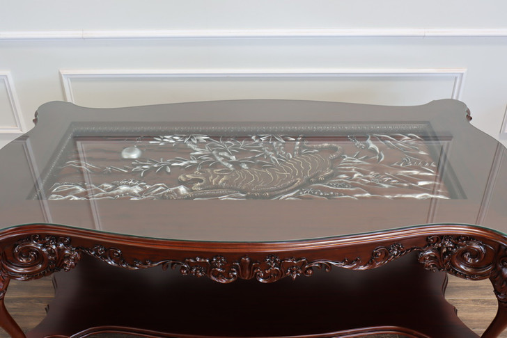 8ft Custom 'Tiger in the Bamboo Forest 3D Relief' Carved Dining Table