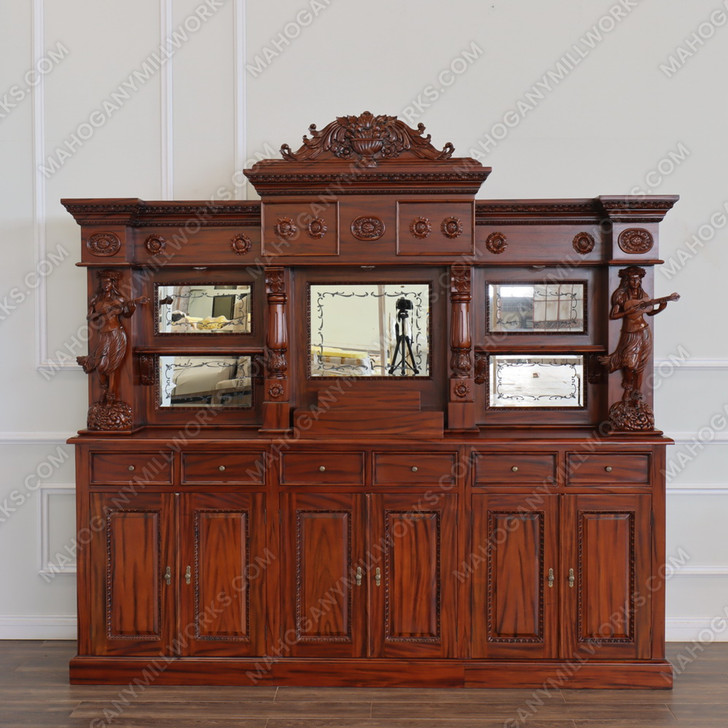 9ft Mahogany Saloon Pub Bar w Carved Hula Lady Statues