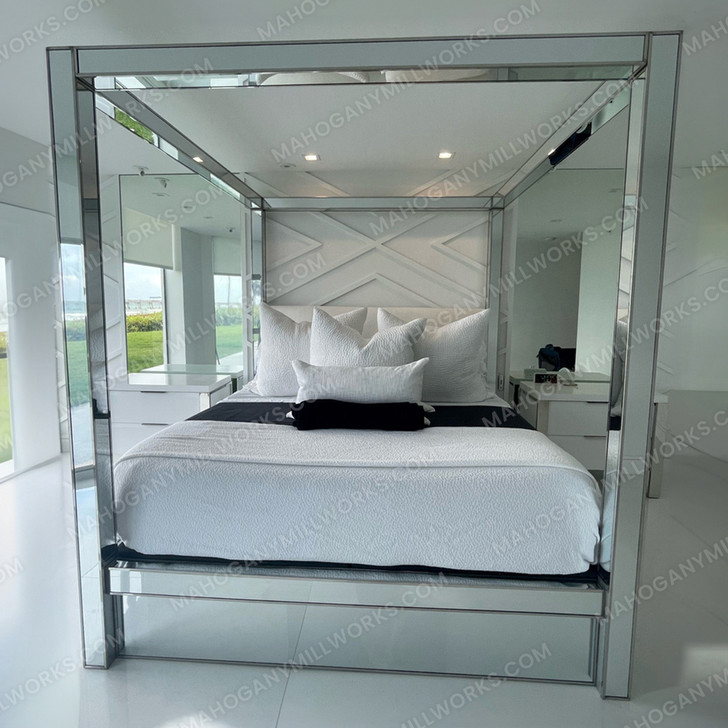 Mirrored Canopy Bed with Upholstered Headboard