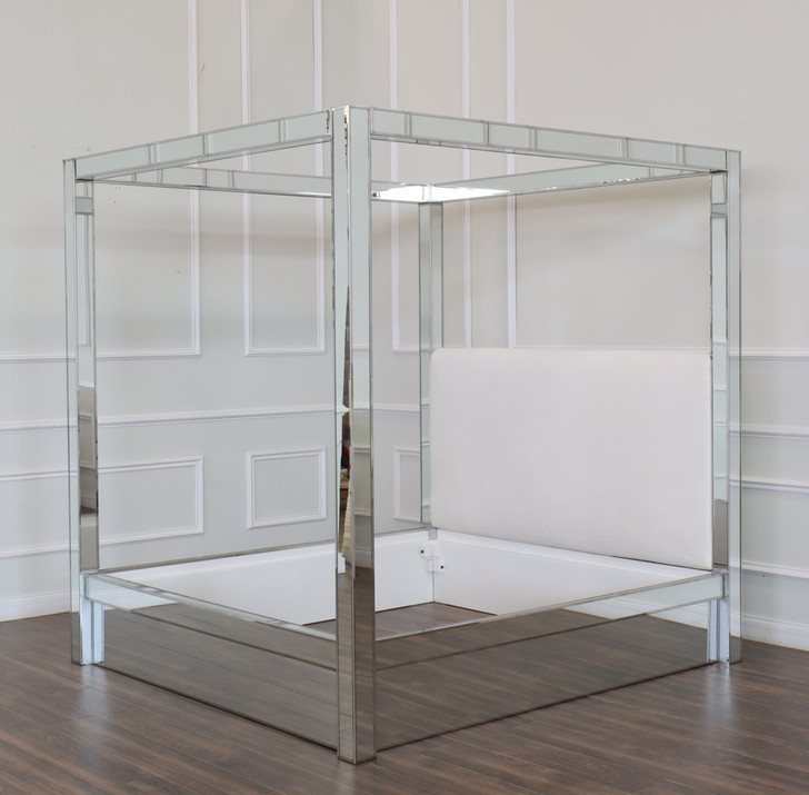 Mirrored Canopy Bed with Upholstered Headboard