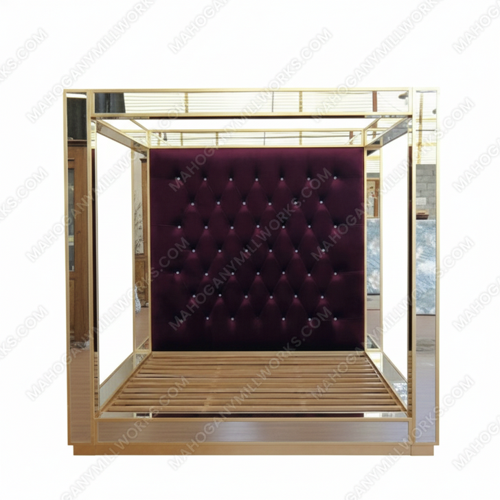 Mirrored Four Post Canopy Bed w/ Tufted Purple Velvet Headboard (Low Profile)