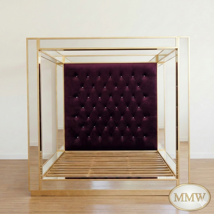 Mirrored Four Poster Canopy Bed w/ Tufted Velvet Headboard (Low Profile)