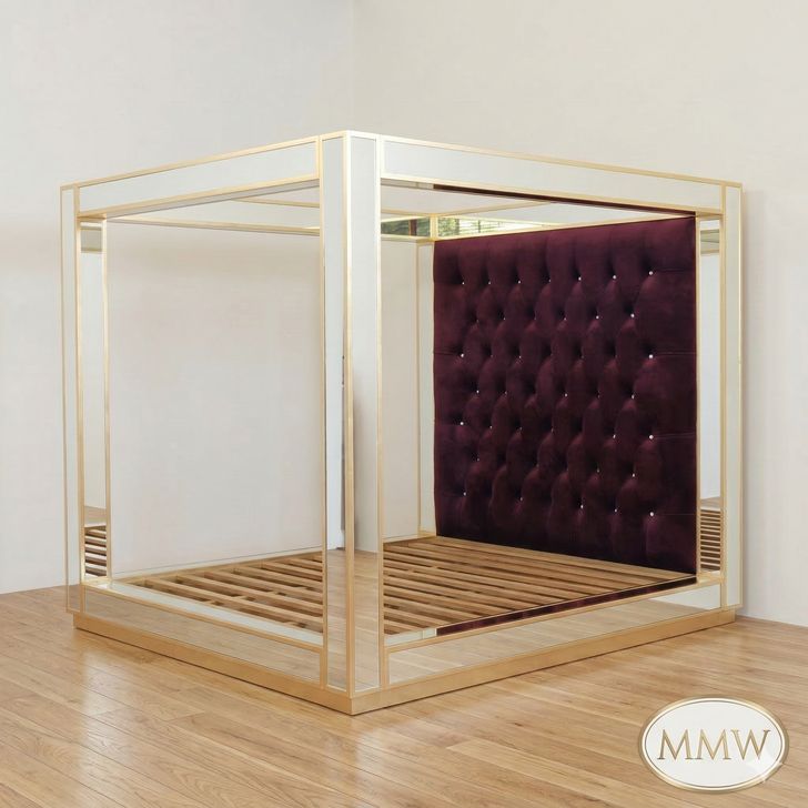 Mirrored Four Poster Canopy Bed w/ Tufted Velvet Headboard (Low Profile)