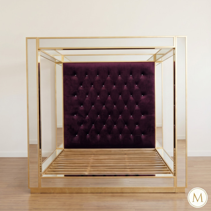 Mirrored Four Poster Canopy Bed w/ Tufted Velvet Headboard (Low Profile)