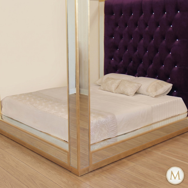 Mirrored Four Poster Canopy Bed w/ Tufted Velvet Headboard (Low Profile)