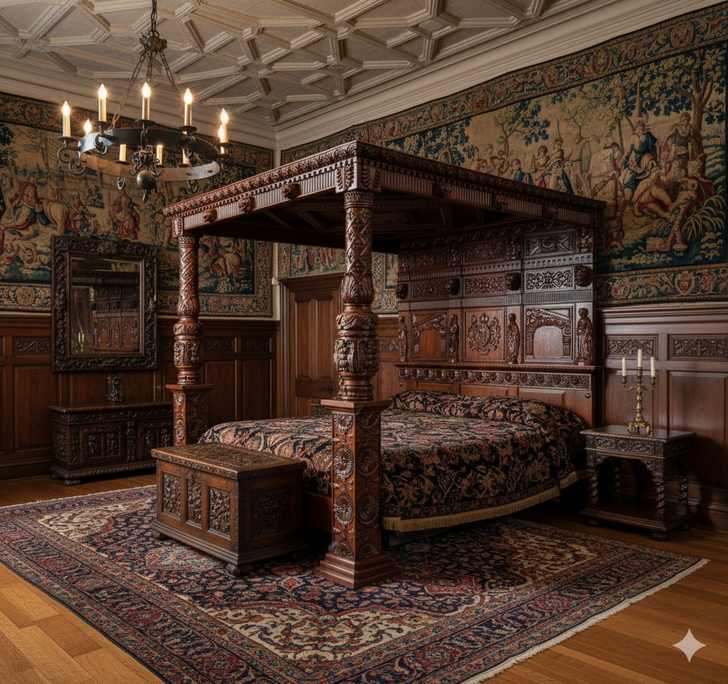 King James Walnut Gothic Ornate Four Post Canopy Bed