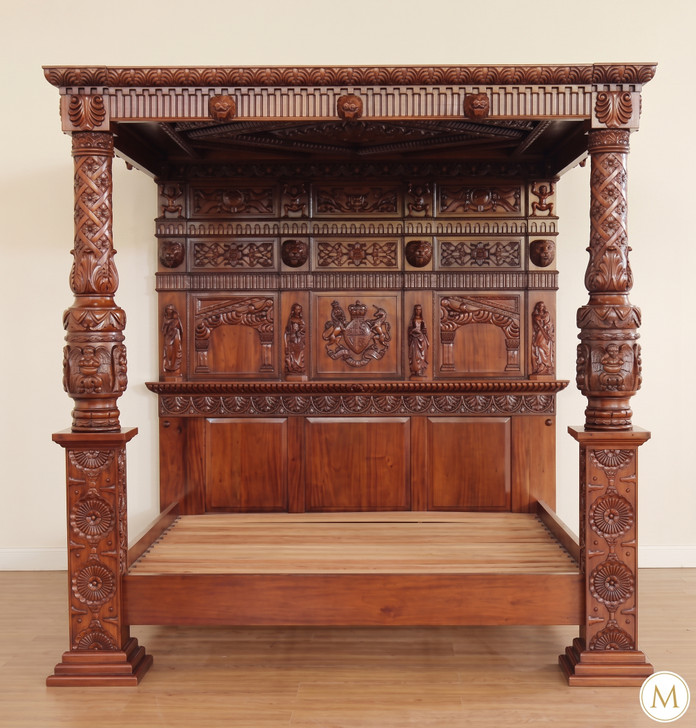 King James Mahogany Ornate Hand Carved Four Post Canopy Bed