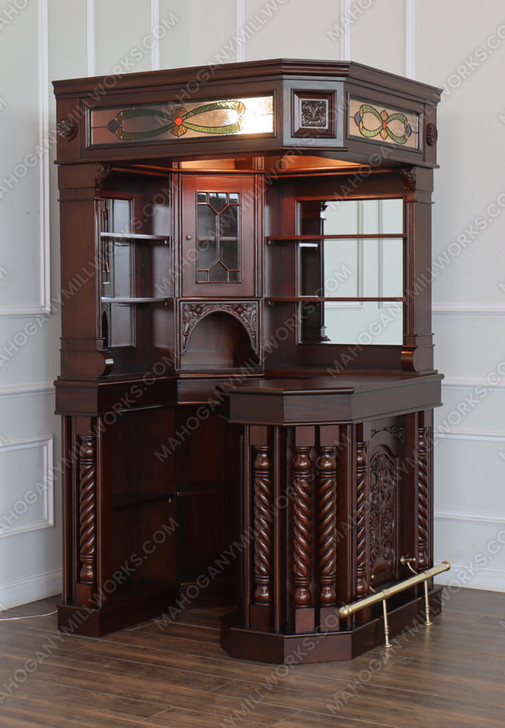Mahogany Stained Glass Corner Canopy Home Pub Bar (91"H )