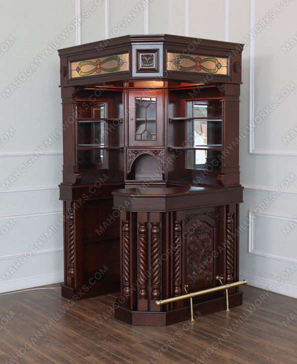 Mahogany Stained Glass Corner Canopy Home Pub Bar (91"H )