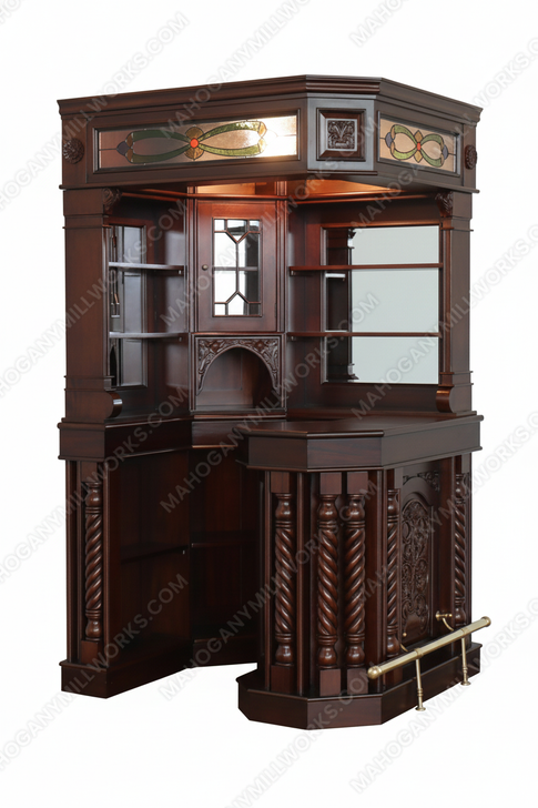 Mahogany Stained Glass Corner Canopy Home Pub Bar (91"H )
