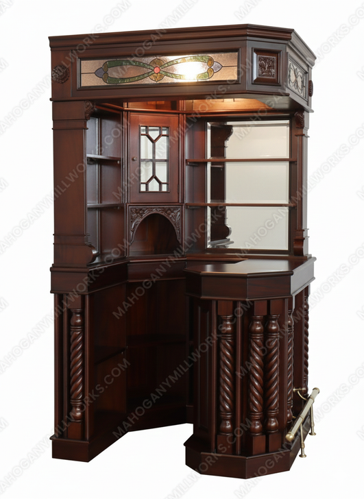 Mahogany Stained Glass Corner Canopy Home Pub Bar (91"H )