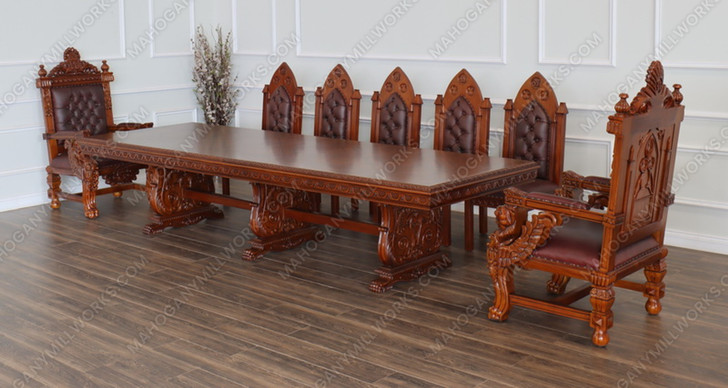 Custom Genuine Leather Gothic Carved Back Chairs (2)