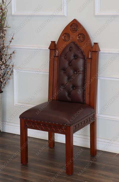 Custom Genuine Leather Gothic Carved Back Chairs (2)
