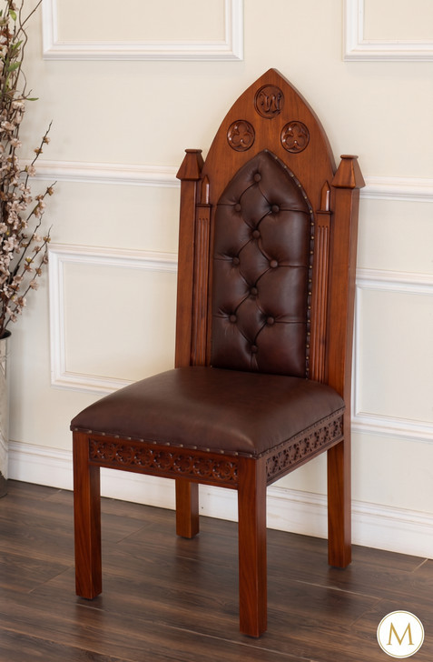 Custom Genuine Leather Gothic Carved Back Chairs (2)