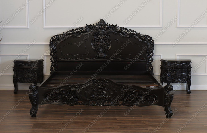 3pc Distressed Black Satin Finish French Rococo Bedroom Set