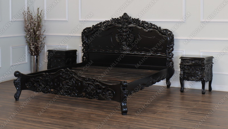 3pc Distressed Black French Rococo Bedroom Set