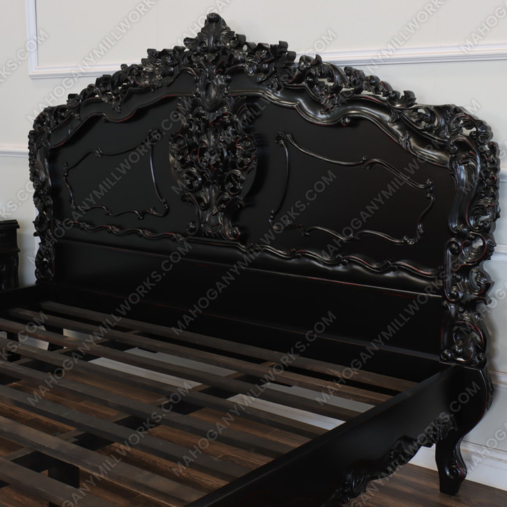 3pc Distressed Black Satin Finish French Rococo Bedroom Set