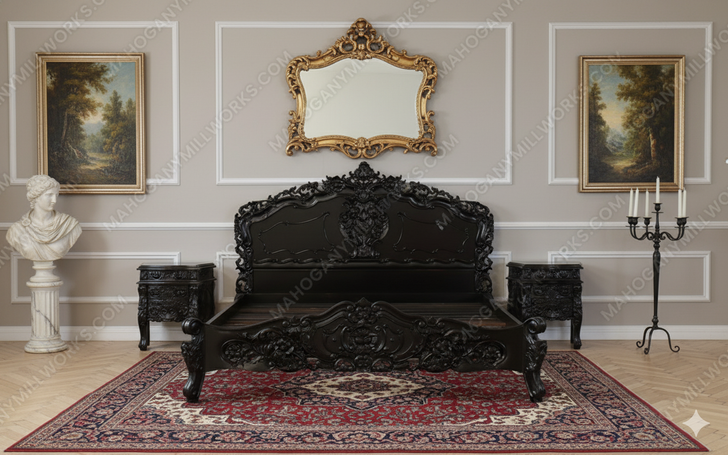 3pc Distressed Black Satin Finish French Rococo Bedroom Set