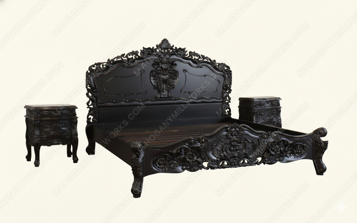 3pc Distressed Black Satin Finish French Rococo Bedroom Set