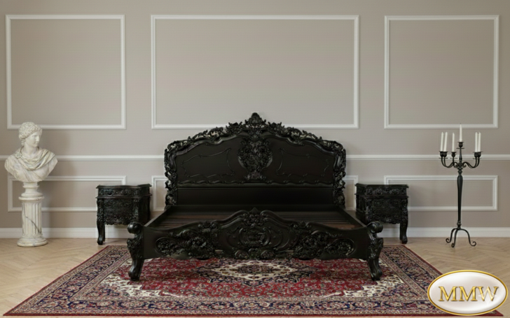 3pc Distressed Black French Rococo Bedroom Set