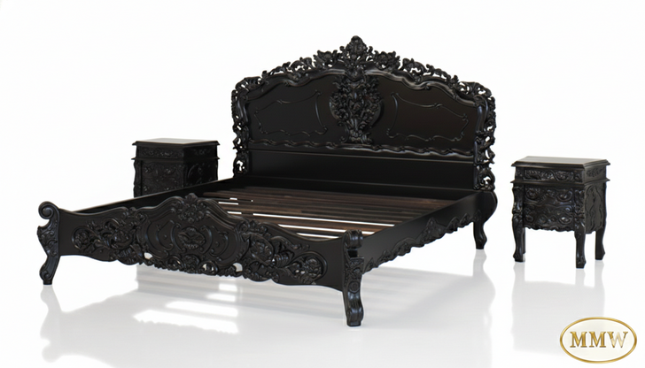 3pc Distressed Black French Rococo Bedroom Set