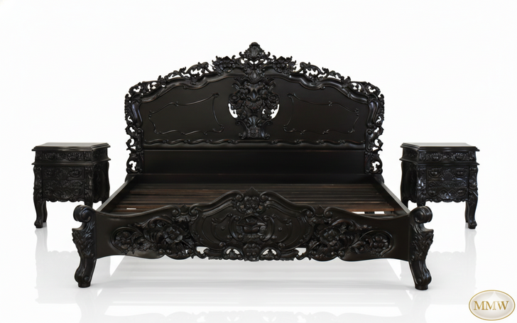 3pc Distressed Black French Rococo Bedroom Set