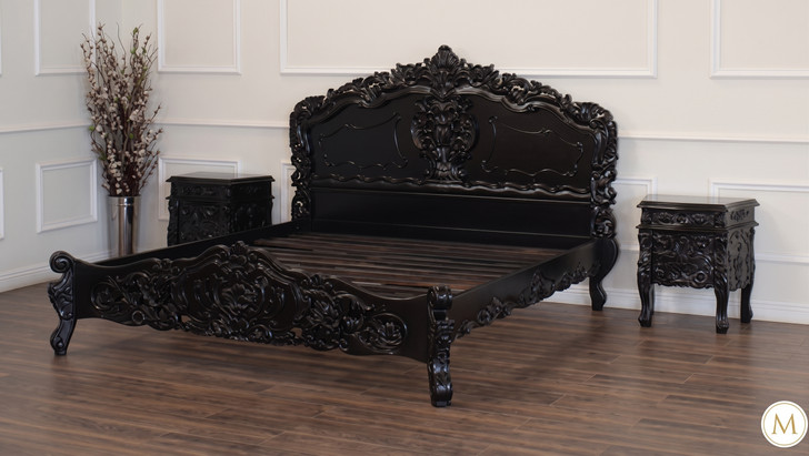 3pc Distressed Black French Rococo Bedroom Set
