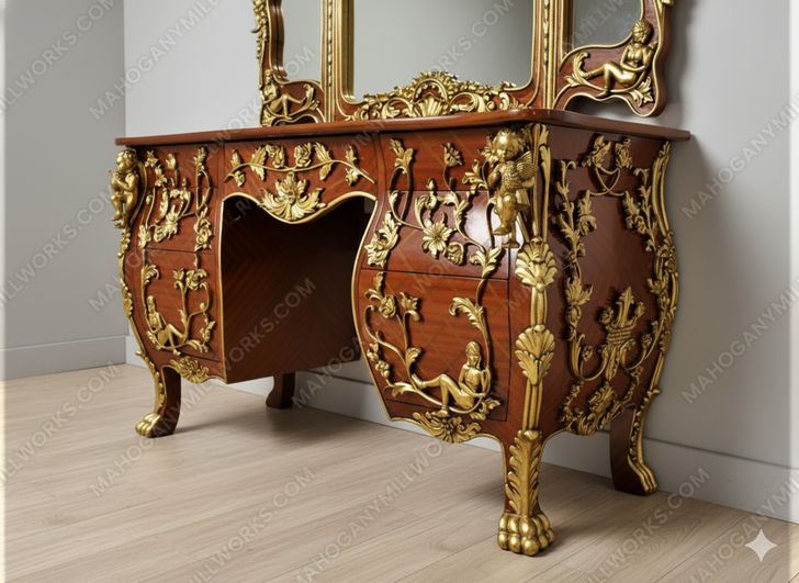 Custom Rococo Crossbanded Inlay Ladies Make up Vanity