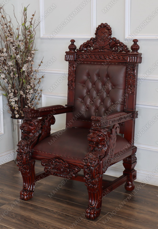 Solid Mahogany Church Bishop's Chair w/ Brown Leather