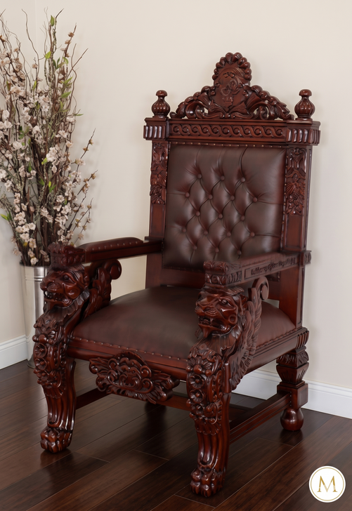 Solid Mahogany Church Bishop's Chair w/ Brown Leather