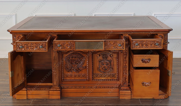 6ft Dark Mahogany Presidential Resolute Desk w/ Carved Family Crest