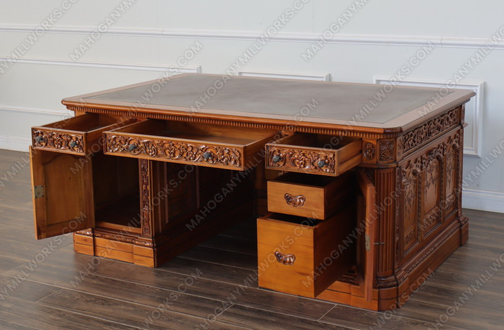 6ft Dark Mahogany Presidential Resolute Desk w/ Carved Family Crest