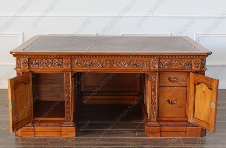 6ft Dark Mahogany Presidential Resolute Desk w/ Carved Family Crest