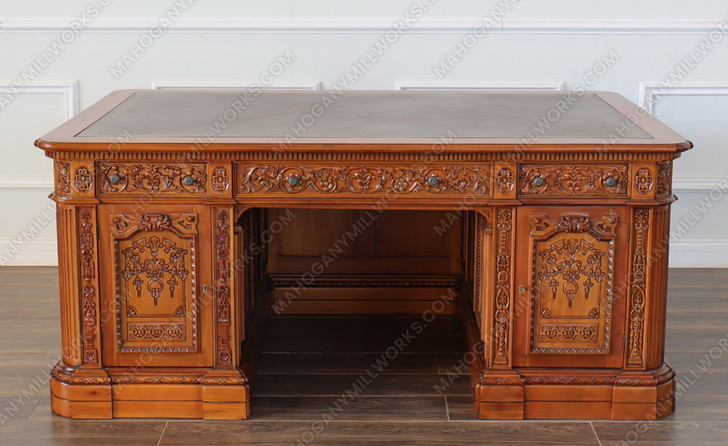 6ft Dark Mahogany Presidential Resolute Desk w/ Carved Family Crest