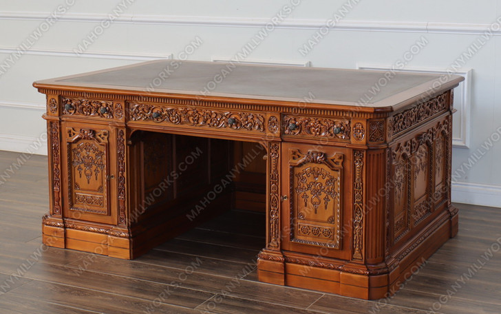 6ft Dark Mahogany Presidential Resolute Desk w/ Carved Family Crest
