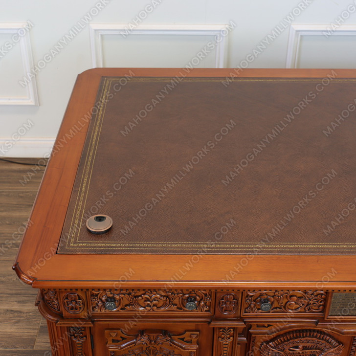 6ft Dark Mahogany Presidential Resolute Desk w/ Carved Family Crest