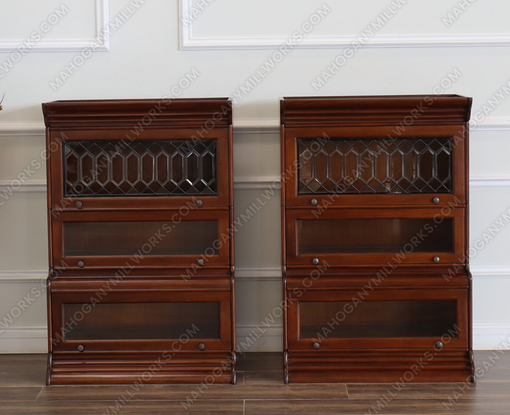 Custom Mahogany 3-Stack Barrister Bookcase w/ Leaded Glass