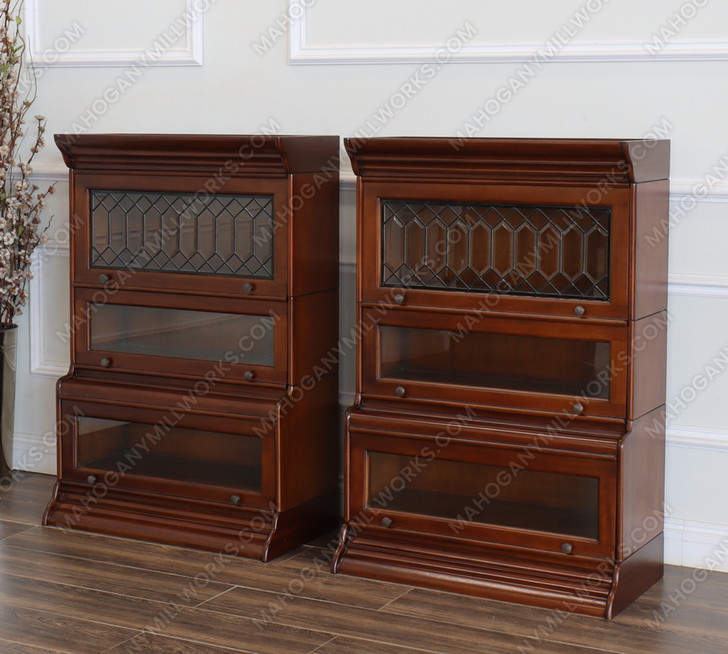 Custom Mahogany 3-Stack Barrister Bookcase w/ Leaded Glass